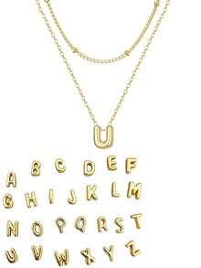 1pc Stainless Steel 18K Gold Plated Personalized 3D Bubble Letter Design Women Necklace, Layered Delicate Cute Clavicle Chain Pendant, Fashion Accessory, Mother's Day Gift - Gold - View 8