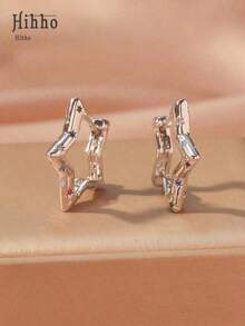 Hihho 2pcs Bright Color Cubic Zirconia Embedded Smooth Pentagram Cubic Zirconia Hoop Earrings For Women, Unique Creative Stars Earrings For Daily Wear, Holiday Party Gifts - 黃金 - 查看 8