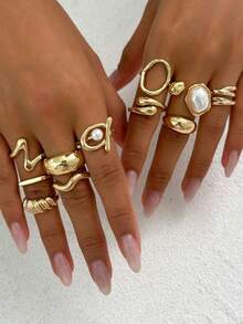 11pcs Punk Style Rings Set, Vintage Geometric Rings Set, Fashion Personalized Jewelry Gift, Suitable For Daily Outfit And Party Accessories [Some Rings Are Open But Not Adjustable, Please Do Not Forcibly Bend Them Or They Will Break, Sizes Are Marked] Random Pearl Color - 金色 - 查看 2