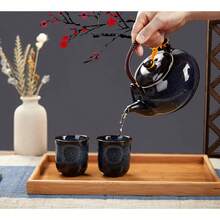 Dujust Juego de té japonés, juego de té de porcelana cian-azul con 1 juego de tetera, 6 tazas de té, 1 bandeja de té, 1 infusor de acero inoxidable, juego de té asiático para amantes del - azul oscuro - Ver 6