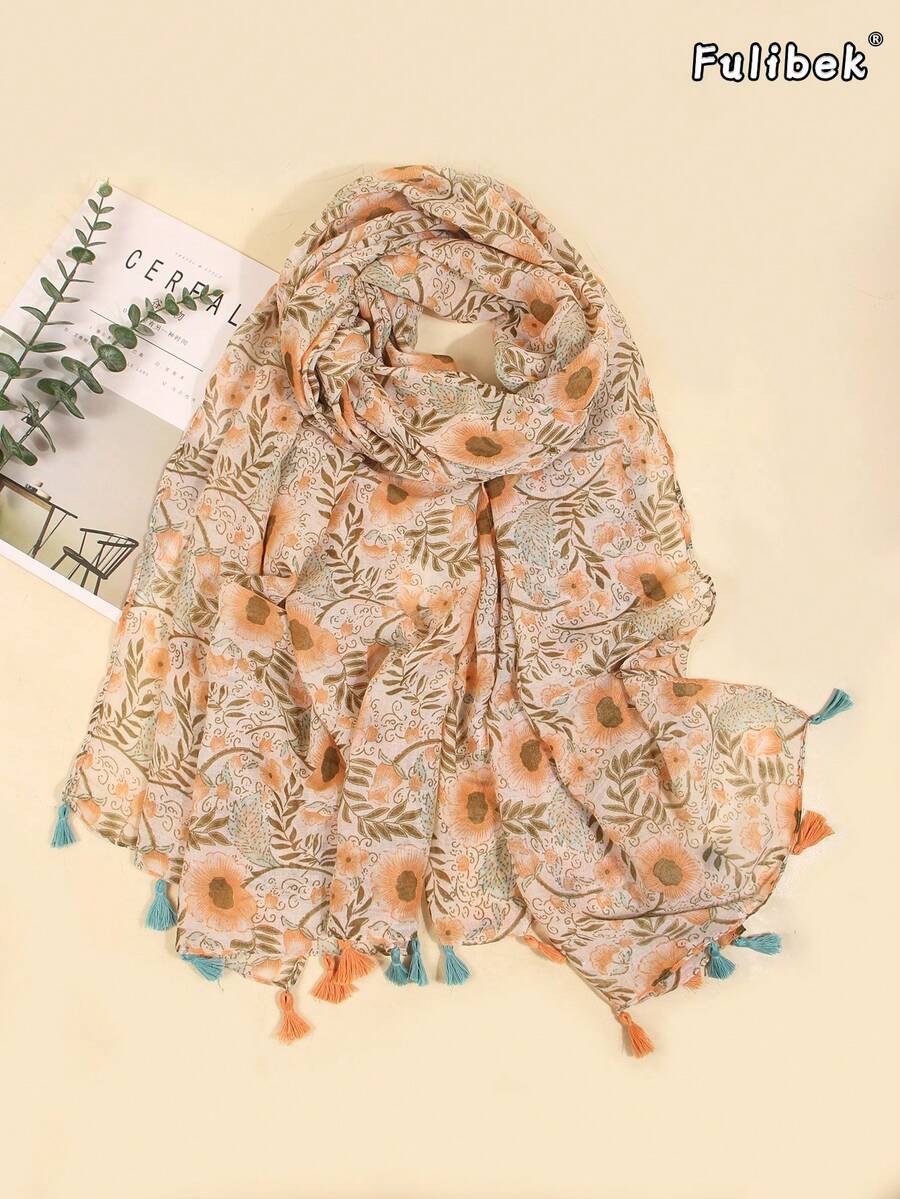 1pc Women's Linen Tassel Printed Scarf, Suitable For Beach, Vacation And Daily Life, Adding Highlights To Your Style, All Seasons,Holiday - Multicolor - View 1