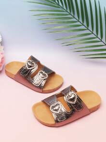 1 Pair Children's Sequin Heart Buckle Slide Sandals, Unisex Thick Sole Casual Slippers For Summer, Fashion Rhinestone - Bronze - View 5