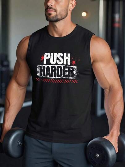 Áo tank top in chữ tạo động lực tập luyện, áo thun nam không tay cổ tròn, phong cách đường phố Mỹ dành cho tập luyện.