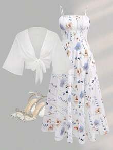 2 Pieces Women's Floral Chiffon Dress & Elegant Romantic Date Outfit Summer Spring - 彩色 - 查看 12