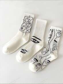 3 Pairs Women's Mid-Calf Socks, Beige Cotton Socks With Abstract Human Figure Minimalist Pattern, Suitable For Everyday Wear - Multicolor - View 5