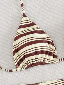 3pcs/Set Women Striped Print Halter Bikini Set With Briefs, Summer Vacation Beach - Multicolor - View 5