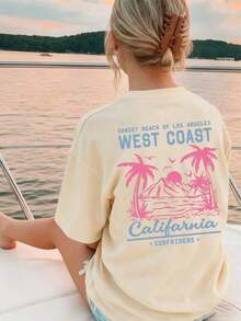Summer Tops Mother's DayWomen's New Summer Casual Round Neck Short Sleeve T-Shirt, Simple Versatile Palm Tree Slogan Print, Suitable For Daily Wear. Graphic Tee, Women's T-Shirt Top Vacation.Loose And Comfortablesummer Clothes Easter - 粉色 - 查看 10