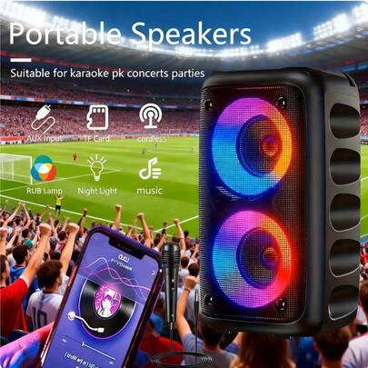 Wireless Speaker With Subwoofer, Large Speaker, Stereo Speaker, Subwoofer, Outdoor Wireless Speaker, Party & Hall Lighting, TWS, TF Card, AUX, Microphone
