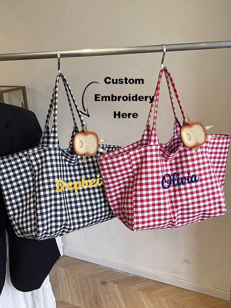(客製化)韓式夏季刺繡字母流蘇大容量帆布通勤單肩包，沙灘包，附零錢包吊飾，適合旅行與開學季，節日、畢業、母親節禮物，美感個性化禮品