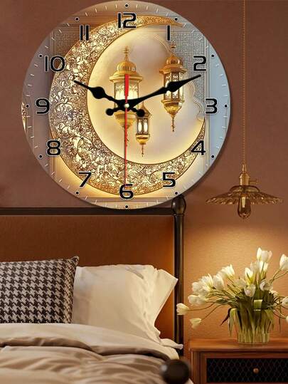 1 Pc 10 Inch/12 Inch Gold Moon Lantern Eid Wall Clock - Silent, Round Wood Veneer, Islamic Architectural Design - Battery Operated (AA Batteries Not Included) - Perfect For Study Or Living Room Decor, Great Holiday Gift
