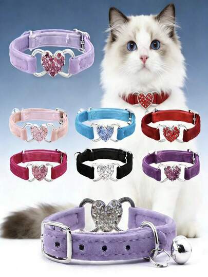 Vòng cổ cho mèo/chó hình trái tim đính kim cương có thể điều chỉnh kích thước.