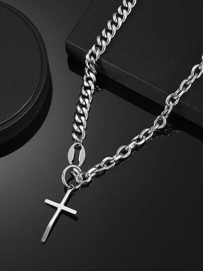 1件装不锈钢弯十字架吊坠可拆卸链条项链，时尚个性，男士DIY