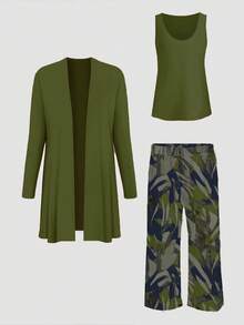 Conjunto de 3 piezas con estampado elegante para vacaciones de primavera para mujer de talla grande - Verde militar - Ver 4