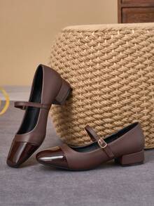 MonaNise Square Toe Low Chunky Heel Work Pumps - Brown - View 6