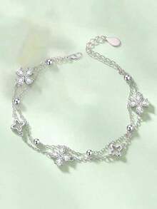 1pc Niche Design Minimalist Zirconia Flower Double-Layer Bracelet (Beads, Chain And Clasp Are Random) - 銀色 - 查看 6