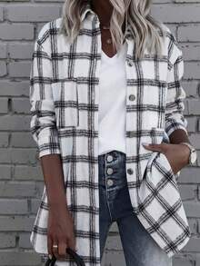 Casual Long Sleeve Plaid Shirt, Regular Hem, Non-Stretch Fabric - White - View 3