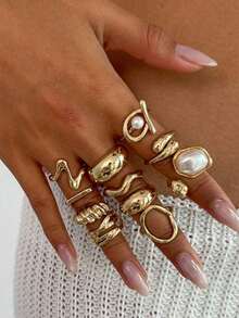 11pcs Punk Style Rings Set, Vintage Geometric Rings Set, Fashion Personalized Jewelry Gift, Suitable For Daily Outfit And Party Accessories [Some Rings Are Open But Not Adjustable, Please Do Not Forcibly Bend Them Or They Will Break, Sizes Are Marked] Random Pearl Color - 金色 - 查看 3