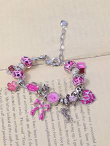 1条粉色豹纹蝴蝶结爱心吊坠手链，时尚豹纹手链，粉色豹纹樱花爱心手链，可爱巧克力爱心手链 - 銀色 - 查看 9