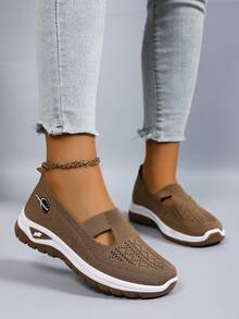 STEPREACH 新款女士休闲运动鞋，网布材质，透气舒适，镂空设计，时尚轻便，耐穿柔软 - 卡其色+logo - 查看 4