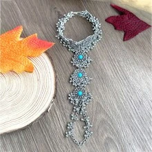 波西米亚风镀银三件套指链：精致镂空设计，点缀水晶，可调节戒指和腕带，适合节日和派对场合，尽显魅力 - 復古銀色 - 查看 3