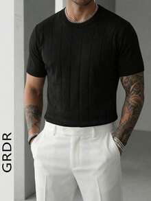 GRDR 男士夏季针织纯色罗纹短袖毛衣，运动休闲风，适合户外活动 - 黑色 - 查看 4