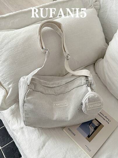 กระเป๋าสะพายข้างผ้าลูกฟูกดีไซน์ป้ายชื่อใช้งานได้จริงความจุขนาดใหญ่สีพื้น, กระเป๋าเล็กแบบแขวนอเนกประสงค์ลำลอง, กระเป๋าสะพายข้างผู้หญิงสไตล์วิทยาลัย, เหมาะสำหรับช้อปปิ้ง, กระเป๋าสตางค์, ช้อปปิ้ง, ผู้หญิงวัยรุ่น, นักศึกษาวิทยาลัย, ผู้มาใหม่, และพนักงานออฟฟิศ เหมาะมากสำหรับสำนักงาน, มหาวิทยาลัย, ที่ทำงาน, ธุรกิจ, การเดินทาง, กิจกรรมกลางแจ้ง, การเดินทาง, และการออกนอกบ้าน