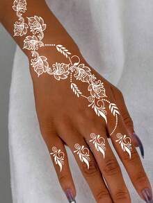 1张白色海娜纹身贴纸，女士专用，防水花朵图案临时纹身，适用于手部、婚礼、派对、身体装饰，一次性假纹身曼陀罗海娜纹身 - 白色 - 查看 4