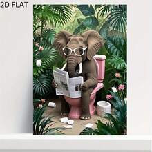 Pôster 2D plano, peça única, elefante engraçado lendo jornal em vaso sanitário rosa - Sem moldura, 30x40cm, alta definição, à prova d'água, com plantas e flores tropicais. Ideal para banheiro, sala de estar, escritório ou como presente interessante para casa e amigos. Decoração de parede para banheiro. - A - Ver 2