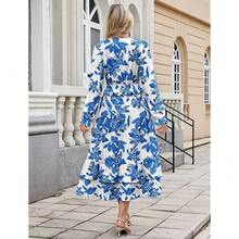 Women's Floral Midi Dress Long Sleeve V Neck Smocked Ruffle Boho Fall Dress - 藍色 - 查看 4