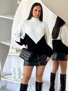 Women's Turtleneck Knit Winter New Arrival Dropped Shoulder High Quality Blouse - Đen và Trắng - Xem 1
