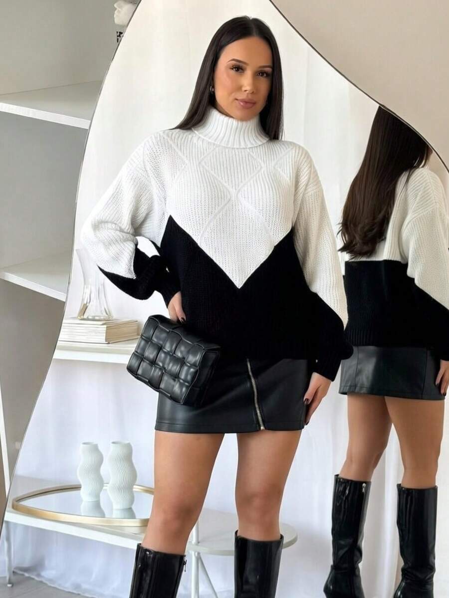 Women's Turtleneck Knit Winter New Arrival Dropped Shoulder High Quality Blouse - Đen và Trắng - Xem 1