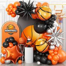 Conjunto de arco e guirlanda de balões de basquete com 131 peças, incluindo balões de látex laranja, preto e prata metálico, e balões metalizados em formato de estrela de basquete. Ideal para decoração de festas de aniversário e festas com tema de basquete. - Ver 1