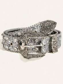 1pc Women's Western Cowgirl Heavy Rhinestone Buckle Y2K Style Belt, Suitable For Daily, Party And Gathering - Silver - View 1