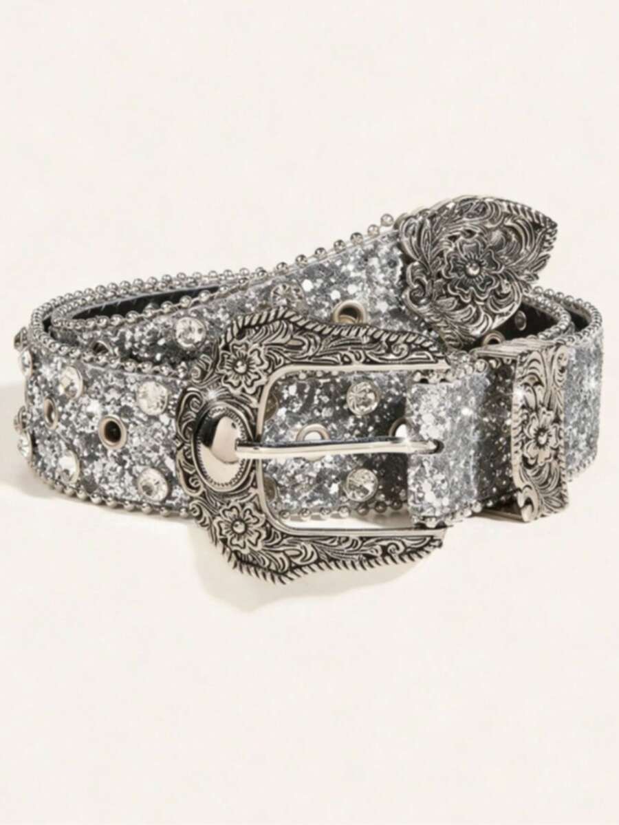 1pc Women's Western Cowgirl Heavy Rhinestone Buckle Y2K Style Belt, Suitable For Daily, Party And Gathering - Silver - View 1
