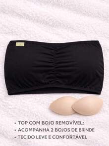 Top com Bojo Removível Sem Alça Ideal para o Dia a Dia Conforto Máximo Sutiã Top Faixa Bustiê Tomara que Caia Lingerie Sem Alça Sutiã Com Bojo Removível Melhor Custo Benefício 2em 1 - Preto - Visão 2