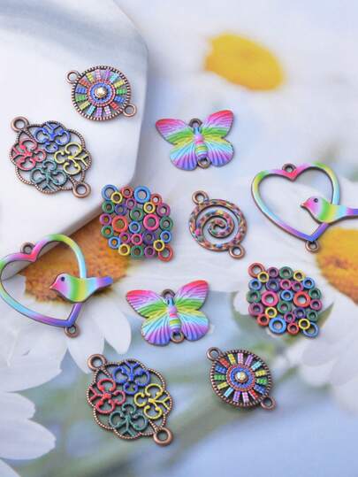 12pcs Jewelry Connectors, Colorful Zinc Alloy Butterfly, Heart, Flower Charms For Earrings, Necklaces, DIY Jewelry Making