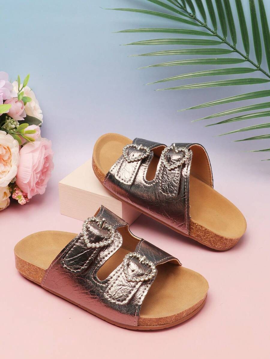 1 Pair Children's Sequin Heart Buckle Slide Sandals, Unisex Thick Sole Casual Slippers For Summer, Fashion Rhinestone - Bronze - View 1