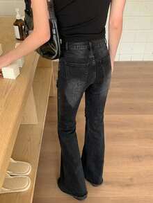 High Waist Flare Leg Slim Fit Fringed Casual Women Jeans, Solid Color, All Season - Black - View 11