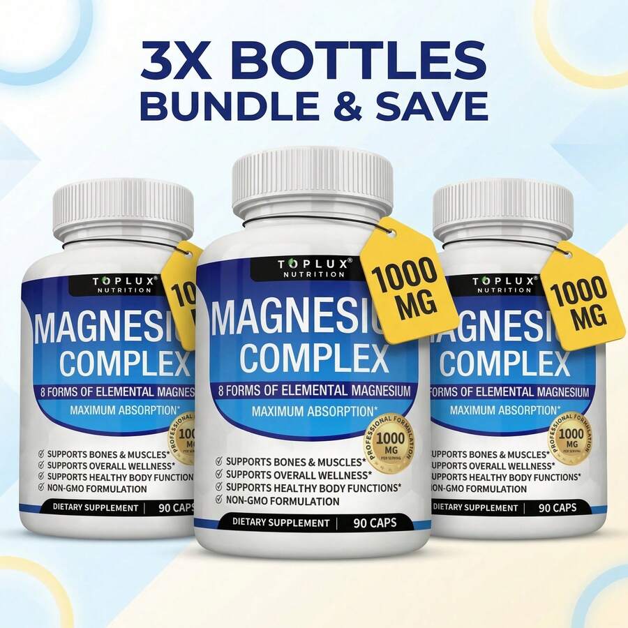 Magnesium Complex 3 Pack – 270 Capsules |   8-In-1 1000mg High Absorption Formula |   Sleep, Calm & Muscle Recovery Support |   Best Value Bundle, Vegan Non-GMO - 3 件裝 - 查看 1