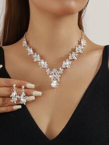女士三件套新娘婚礼项链耳环套装及婚礼派对精致配饰组合 - 銀色 - 查看 4