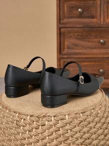 Square Toe Low Chunky Heel Work Pumps - Black - View 7