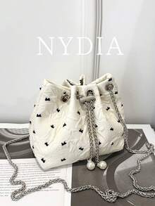 1pc White Bow Embossed Mini Bucket Bag, Pearl Chain Drawstring Crossbody Bag, Elegant & Cute Ladies Daily, Date, Party Shoulder Bag - Black - View 2
