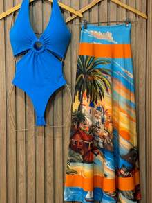 Premium Beach Cover-Up Set: Bodysuit, Swimsuit, And Pareo - Seaside Villa Print - View 1