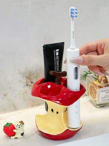 1pc Apple-Shaped Electric Toothbrush Holder, Bathroom Toothpaste & Toothbrush Storage Organizer, Creative Design - Red - View 5