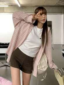 女士休闲长袖格子衬衫，单排扣设计，适合春夏季节穿着。 - 粉色 - 查看 8