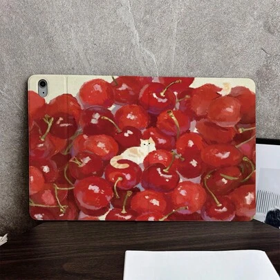 1 Oil Painting Cherry & Cat Print Piece Book-Style Flip Table Case - Multi-Angle Stand Protective Cover With Pen Holder Compatible With IPad Pro (M5)/ Air (M3)/ 11"(A16)/ 10.9/10.2/ Air 5th Gen/Pro11/10th/9.7/Air 2/ (7th Gen)/ (8th Gen)/ Air 4/5/ Pro 11/ 10th Generation 10.9-Inch 2022 Smart Case/ Air 13(M3 2025)/ Air 11(M3 2025)/ Air 11(M3 2025)/ 11(A16 2025)/Galaxy Tab S10+/S9/A9, Auto Sleep/Wake Function Compatible With Xiaomi 6/6pro/7/7pro