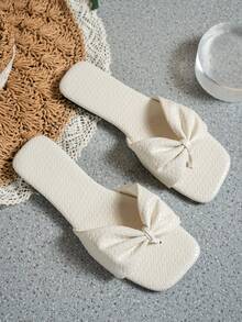 Women's New Bow Square Toe Sandals, Fashionable & Comfortable For Beach, Vacation, Date, Daily Wear, Essential Flat Sandals For Summer - White - View 5