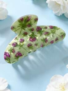 1pc Gorgeous Ditsy Floral Hair Claw Clip, Contrasting Green & Purple Design, Feminine Hair Claw Hairpin, Luxury Printed Hair Accessory Summer Beach Vacay Hair Clips,Holiday,Travel - Multicolor - View 6