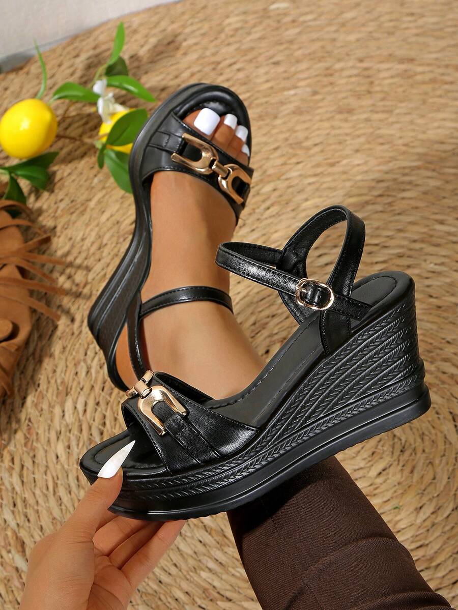 Sandal Wanita Sol Lembut Modis Nyaman Serbaguna Hak Tinggi Sol Tebal dengan Tali, Sandal Platform Wanita Sol Tebal - Hitam - View 1