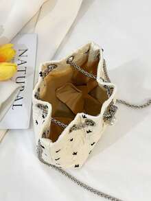 1pc White Bow Embossed Mini Bucket Bag, Pearl Chain Drawstring Crossbody Bag, Elegant & Cute Ladies Daily, Date, Party Shoulder Bag - Black - View 12